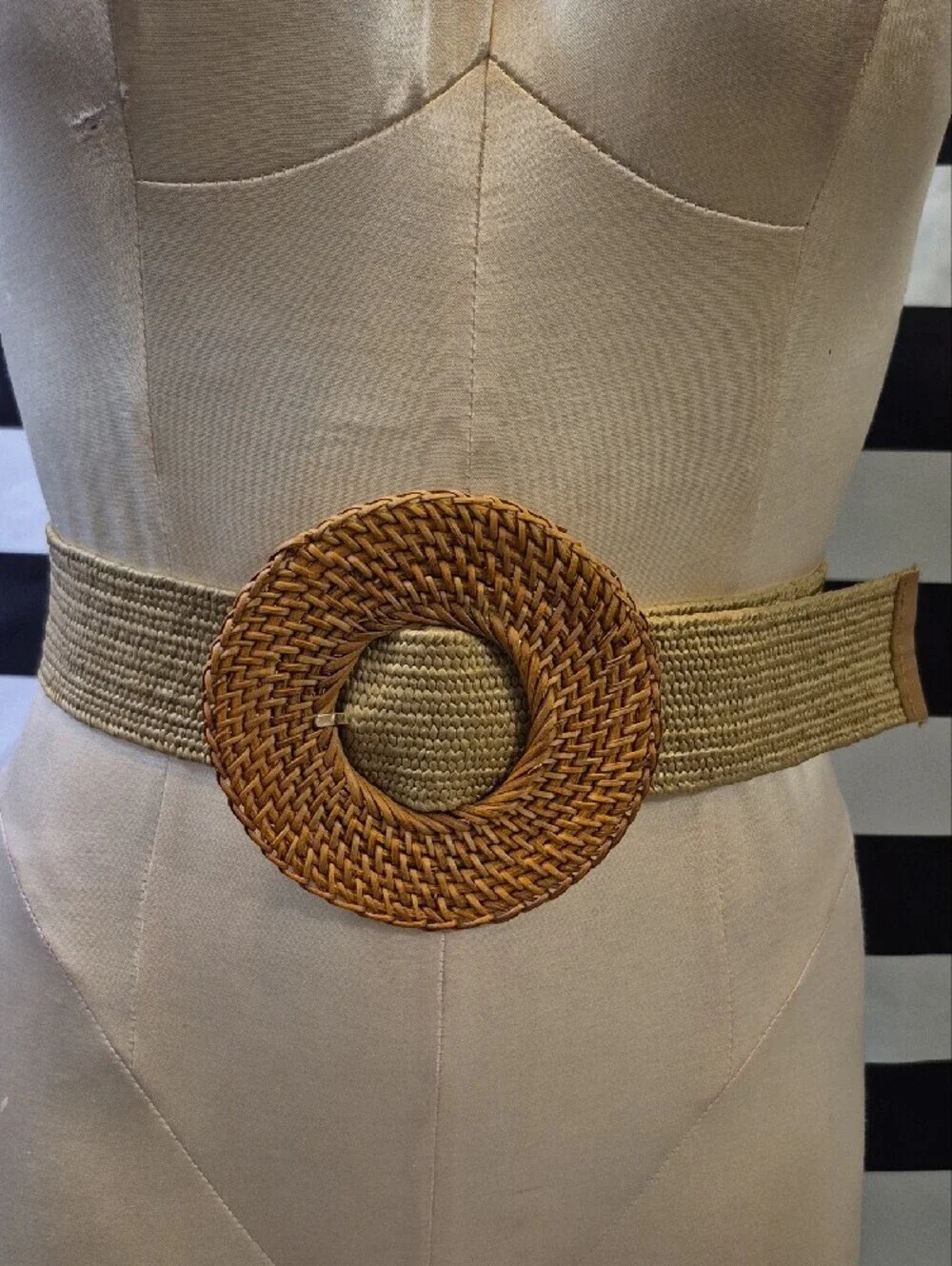 Two Boho Woven Straw Circle And Square Buckle Waist Belt - Natural Brown